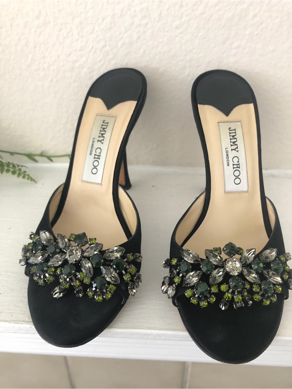 Jimmy Choo Black Satin Slide Heels with Green and Silver Crystal Clusters